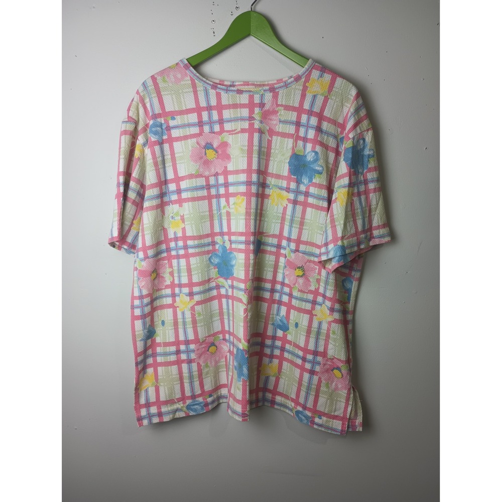 Vintage Bobbie Brooks Floral Plaid Waffle Knit Top Pink Green Size 20 8339-02